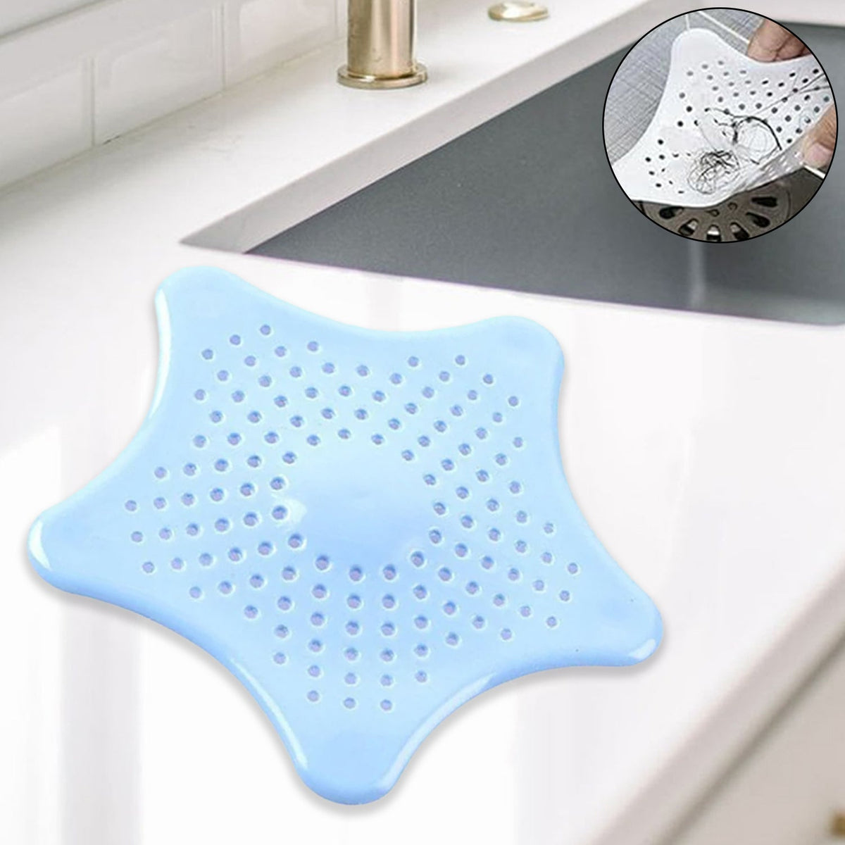 Starfish design silicone sink drain strainer on a clean white surface.