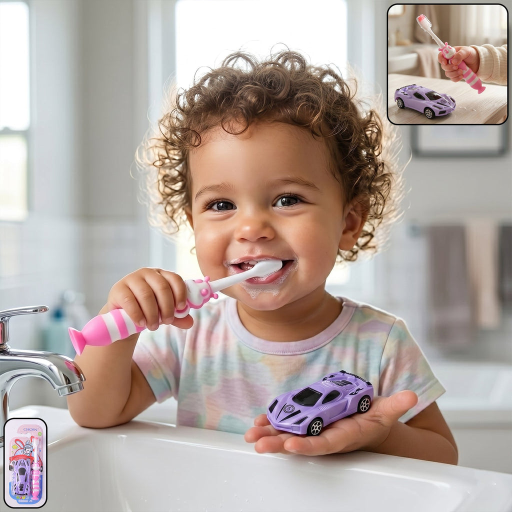 Kids toothbrush set with fun car-themed design for daily oral care