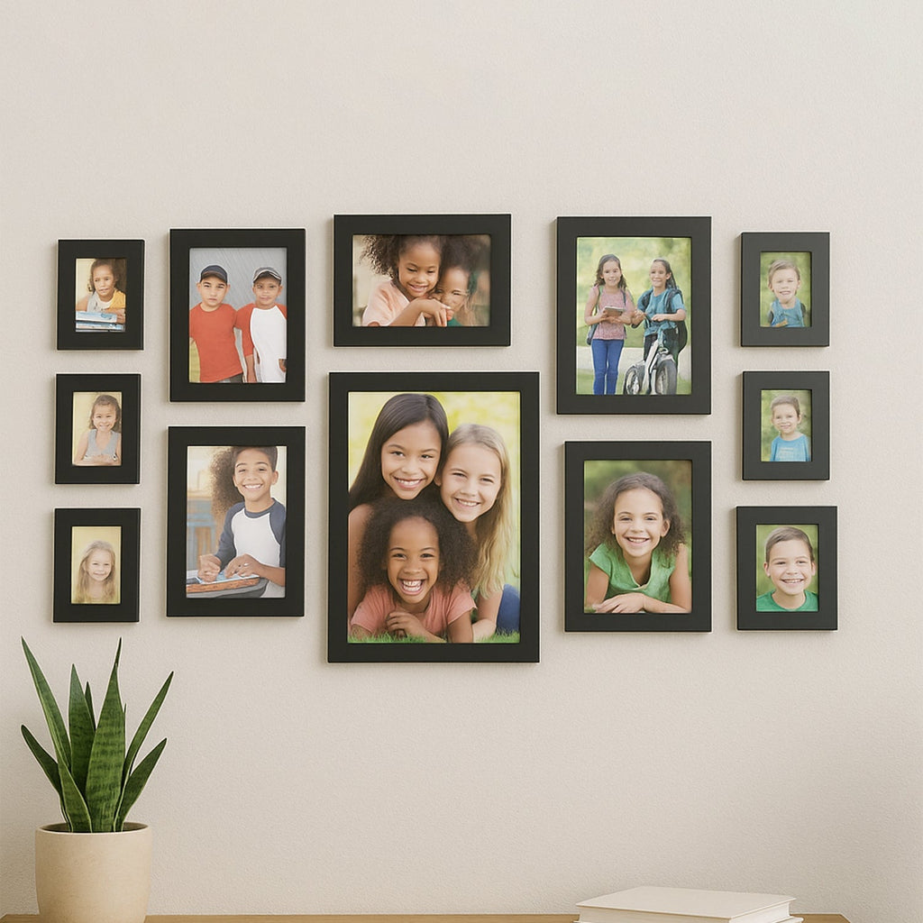 12-piece black photo frame set arranged as a wall gallery collection