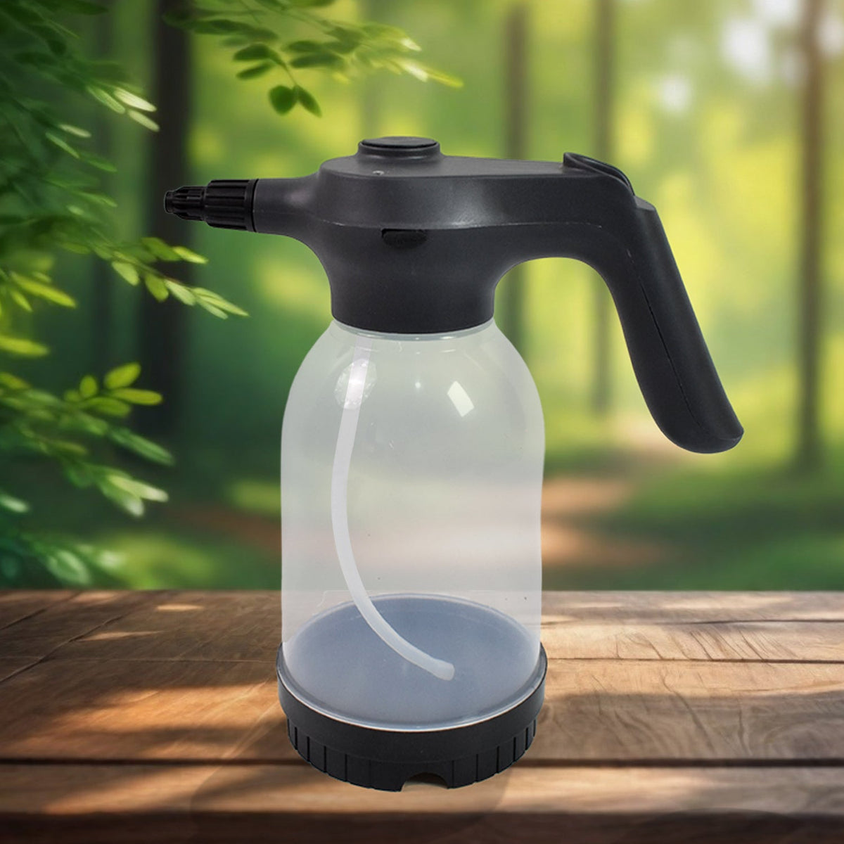 Electric garden sprayer, 2L capacity, shown in use for plant watering.