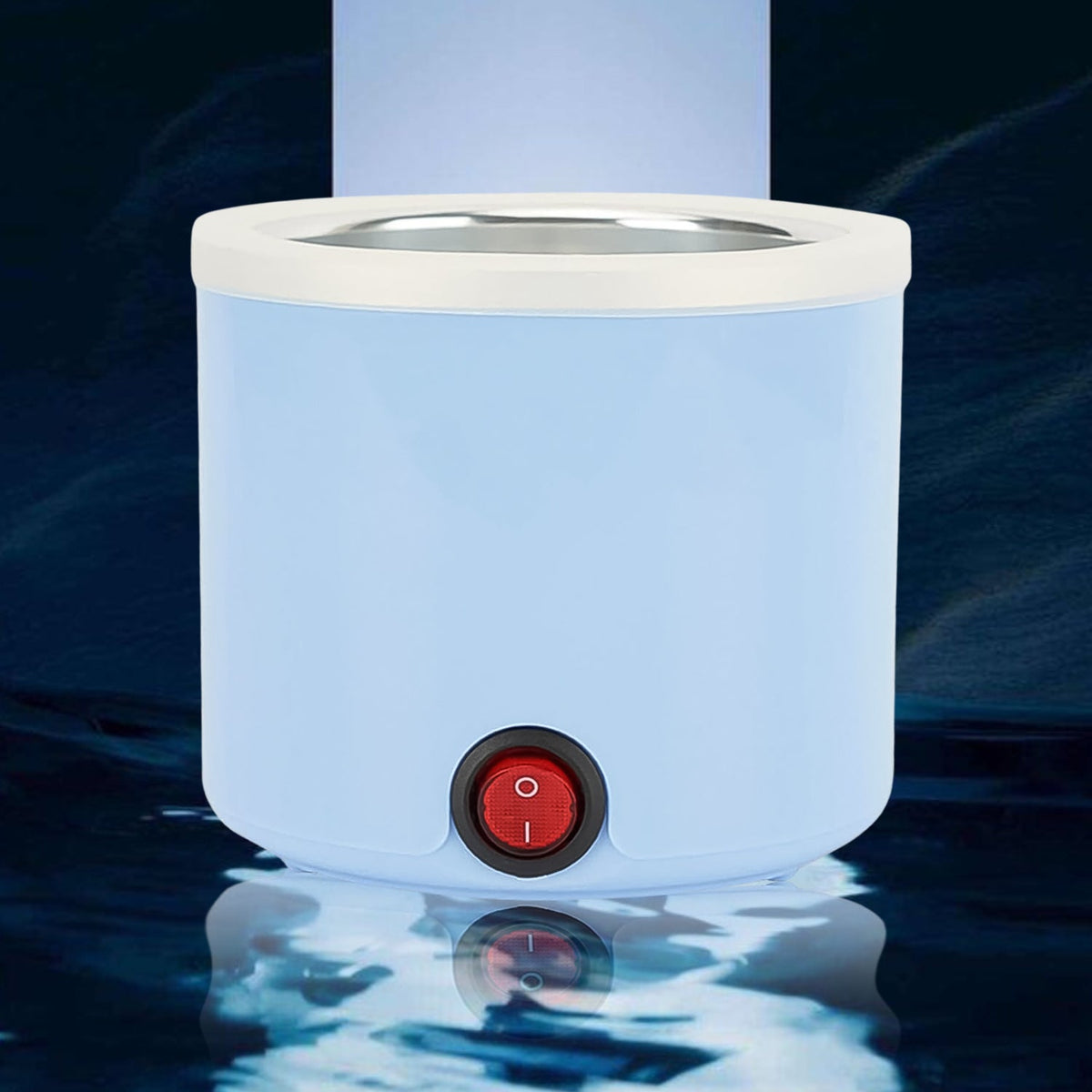Person demonstrating use of the compact wax melting device for smooth skin.