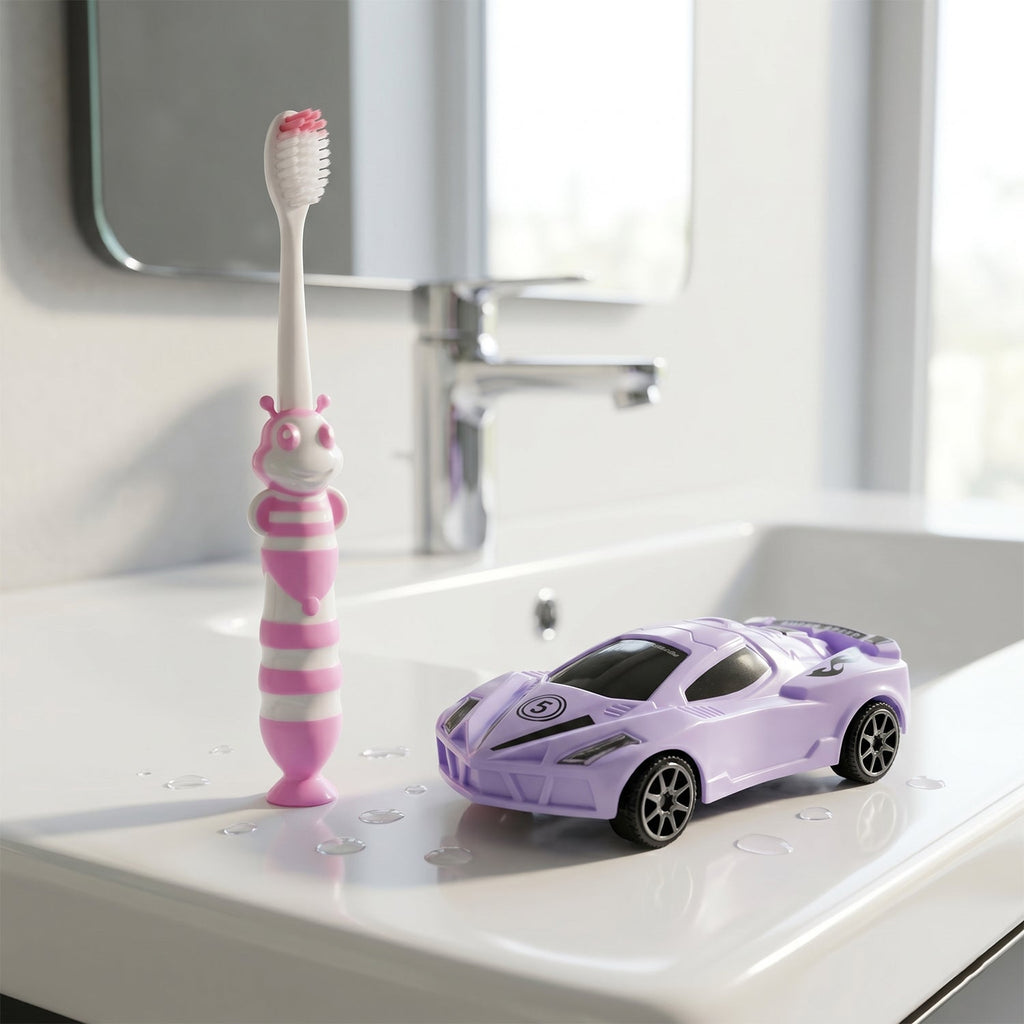 Kids toothbrush with cartoon car design and soft bristles for gentle cleaning