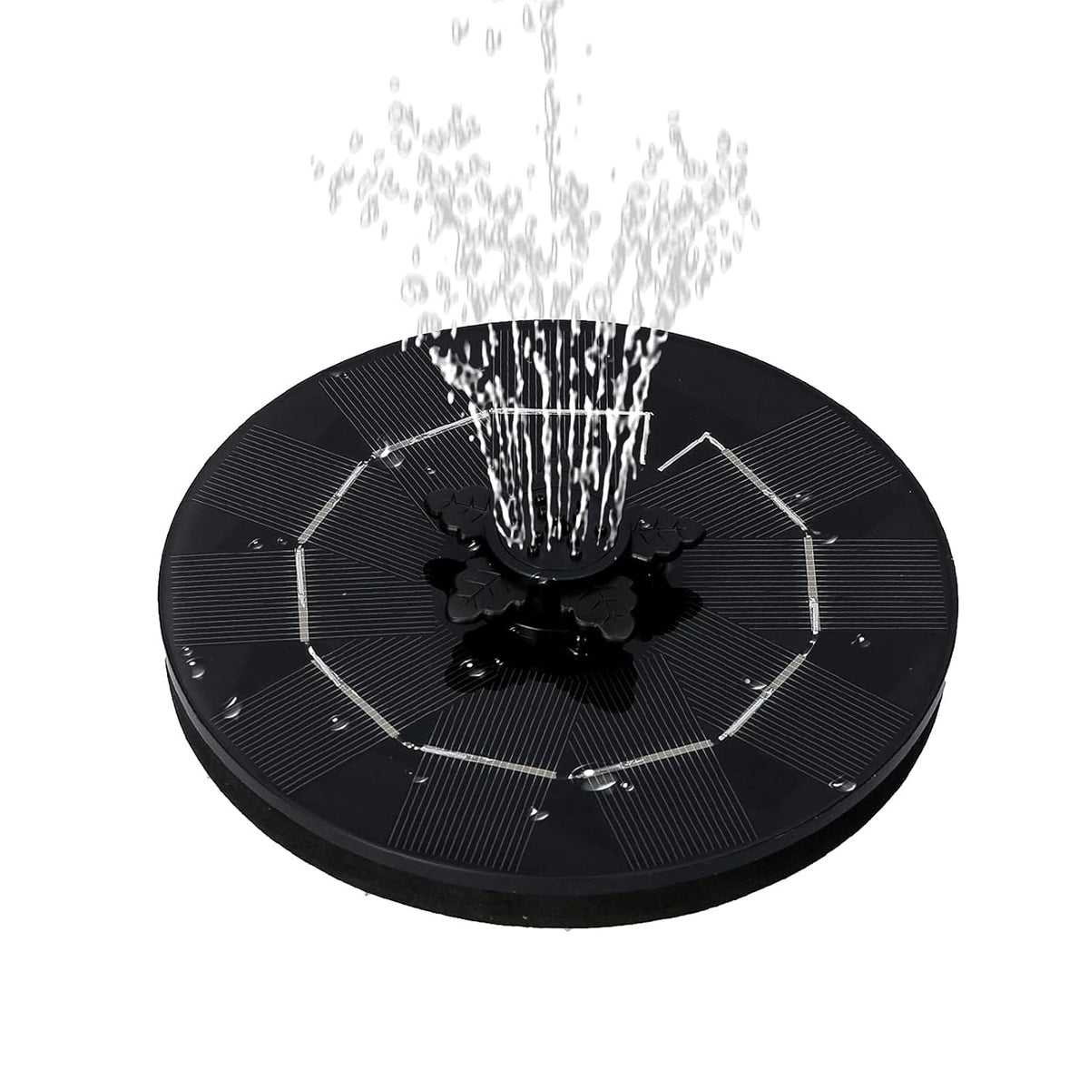 The solar floating water fountain demonstrating a wide, gentle spray pattern in a garden pool.