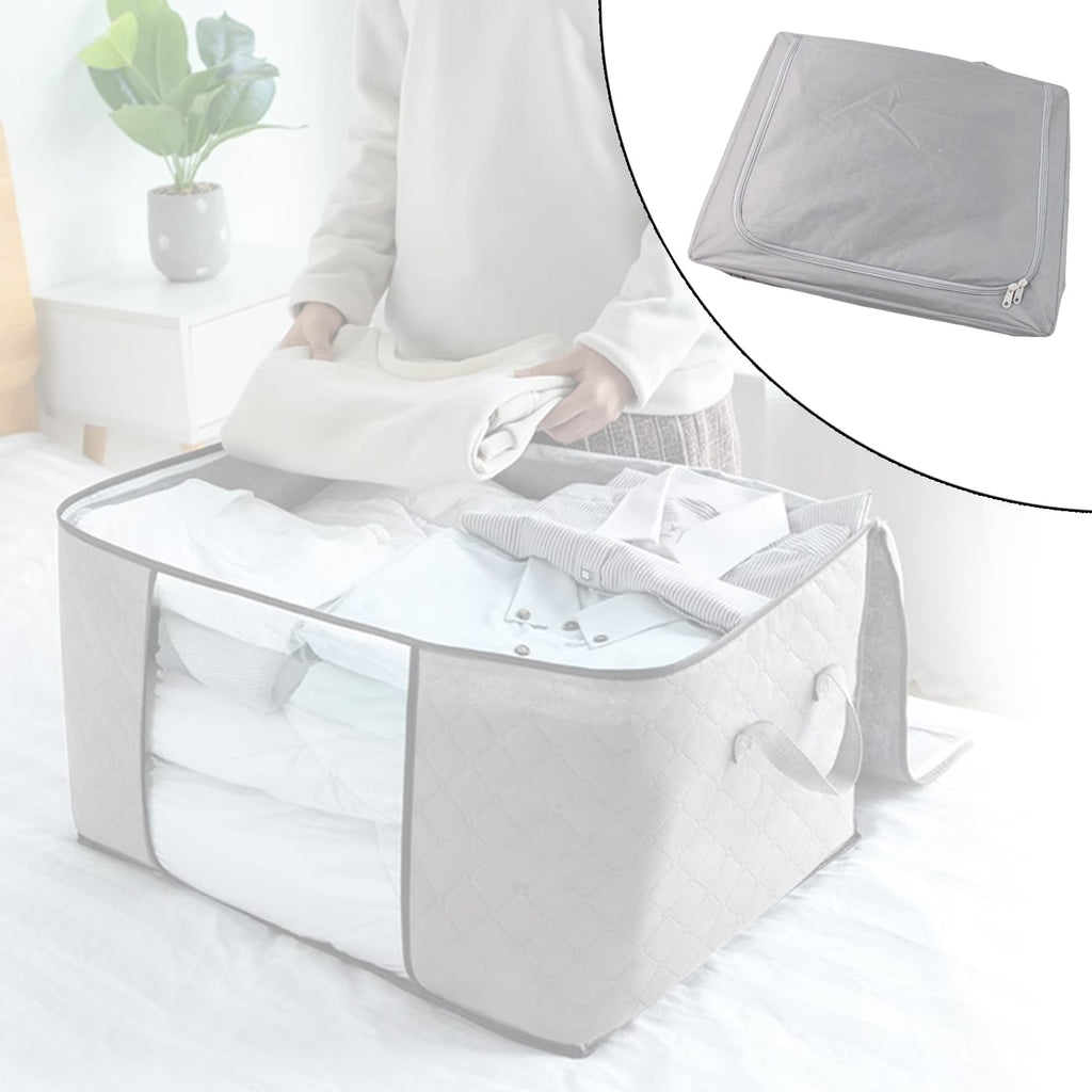 Storage box with window neatly organizing sarees and quilts inside wardrobe