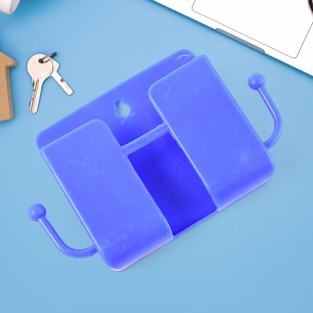 Blue mobile charging stand mounted on wall with hook
