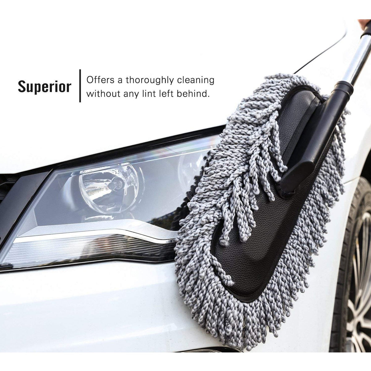 Angled view of the car duster showcasing its long retractable handle.