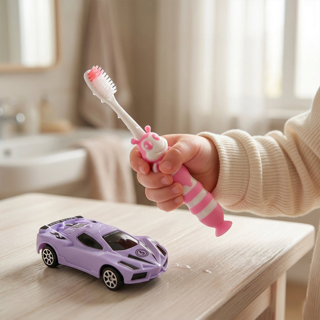 Children's toothbrush with easy grip handle and fun car theme