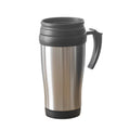 Stainless steel insulated coffee mug with lid and ergonomic handle.