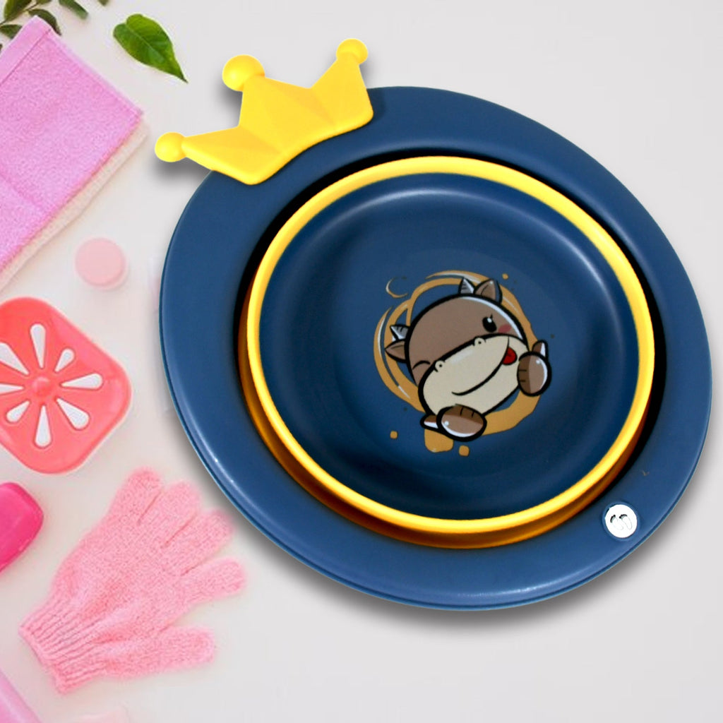 Multiple folded cartoon baby wash basins neatly stacked for efficient storage.