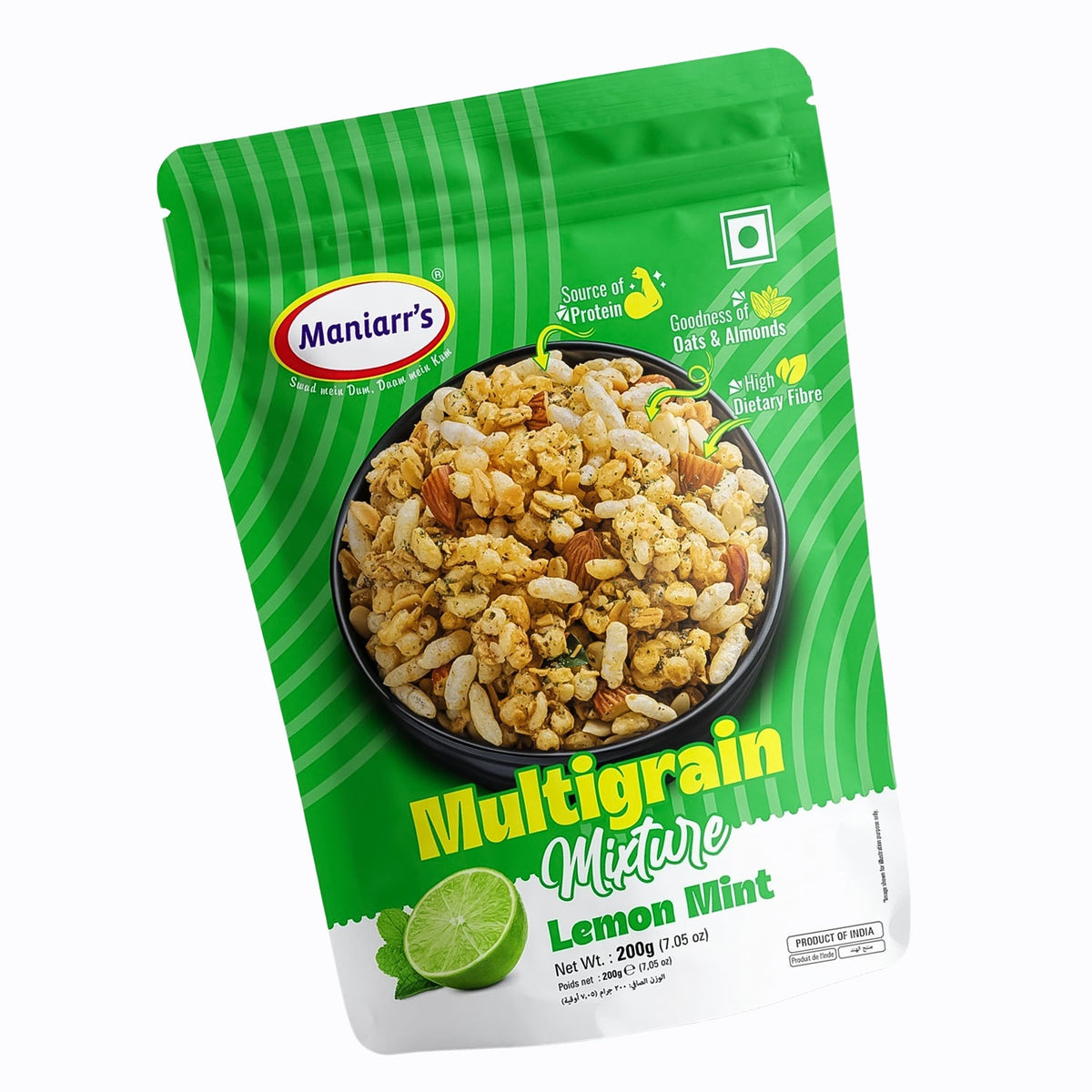 Back of Maniarr's Lemon Mint Roasted Multigrain Mixture pack with product details.