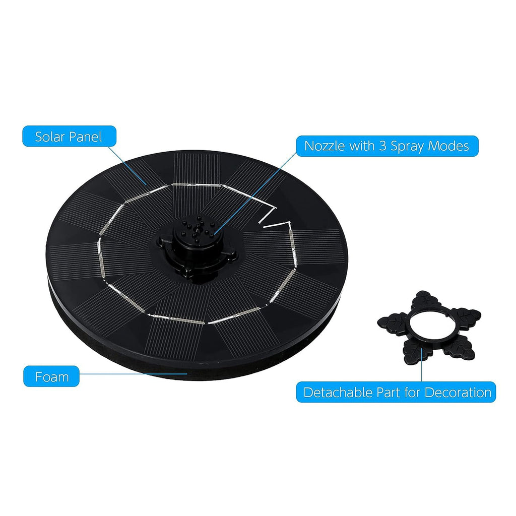 An overhead view of the solar floating water fountain operating in a small, decorative pond.