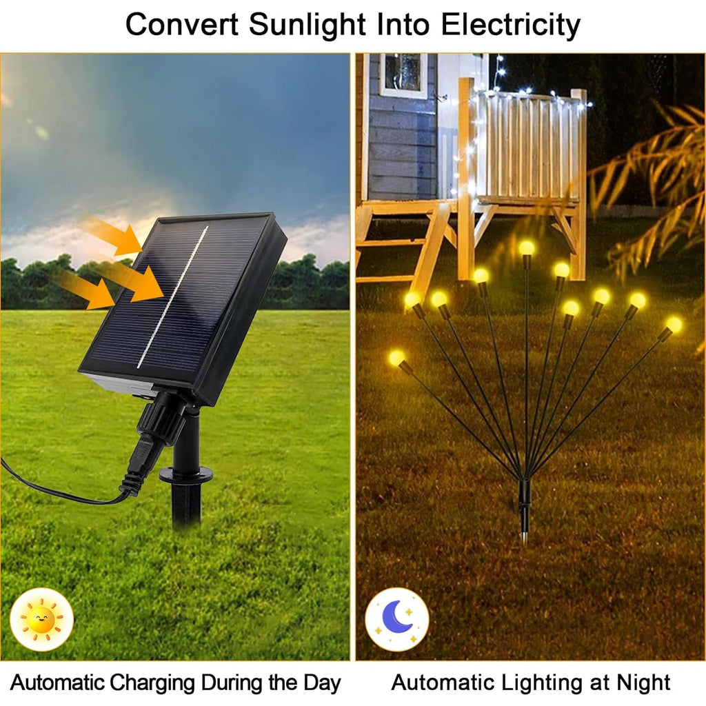 Multiple solar-powered garden ball lights glowing warmly at night