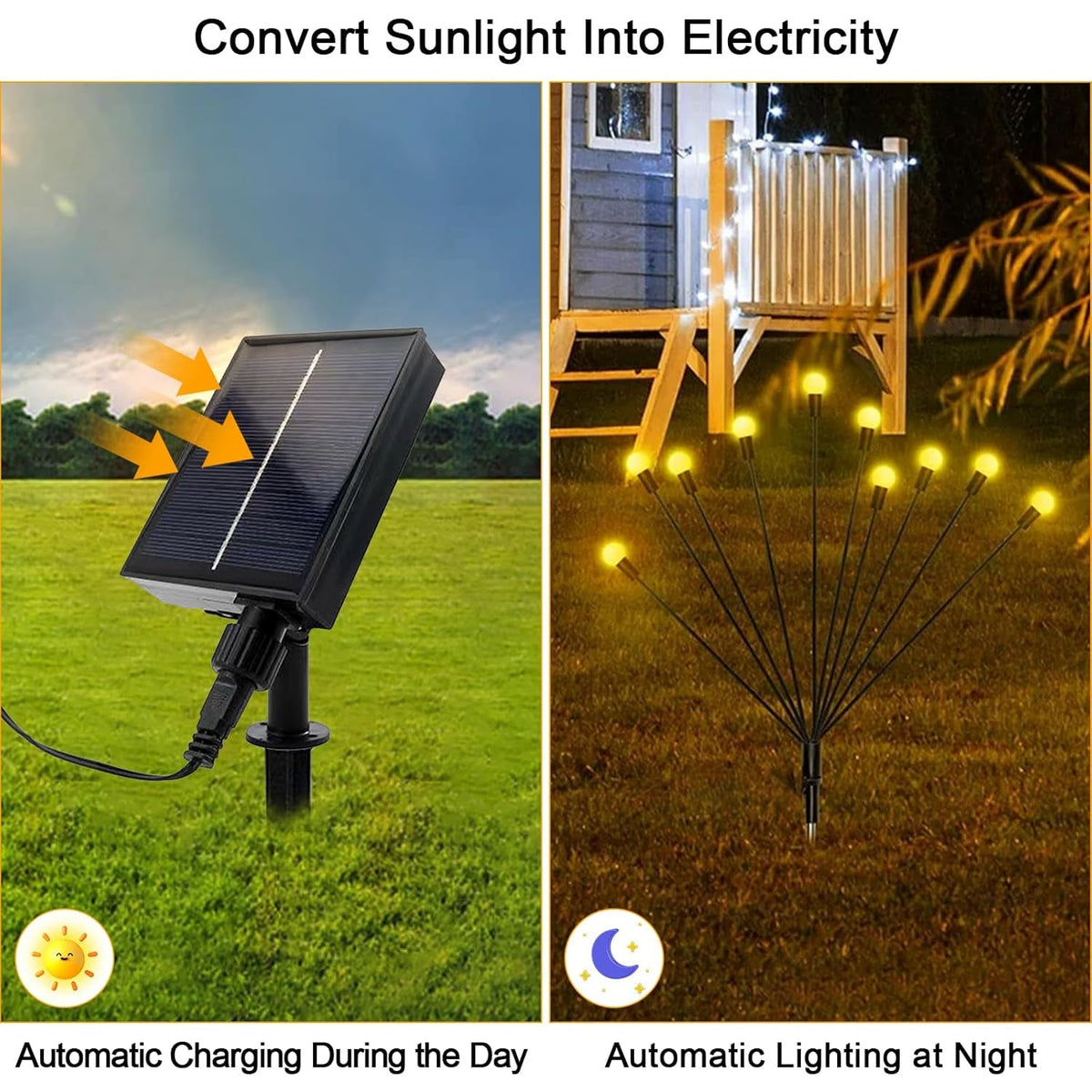 Multiple solar-powered garden ball lights glowing warmly at night