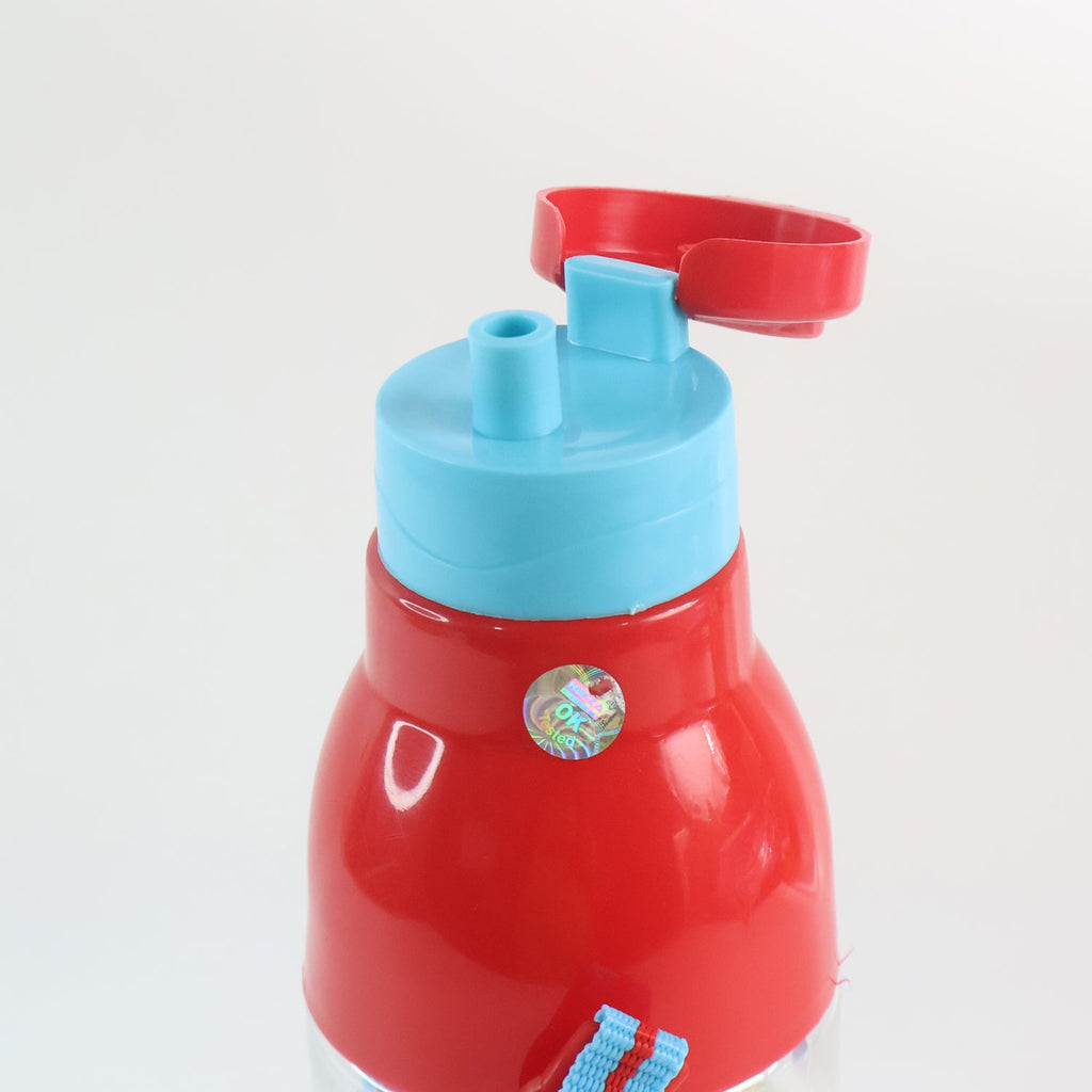 Transparent insulated water bottle with its lid open, showing interior.