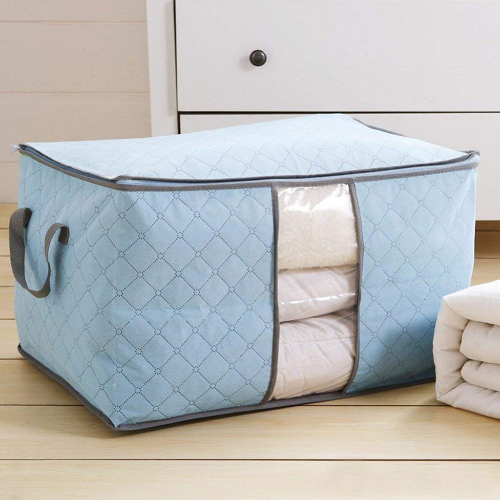 Side view of the non-woven fabric storage bag with its full zippered closure.