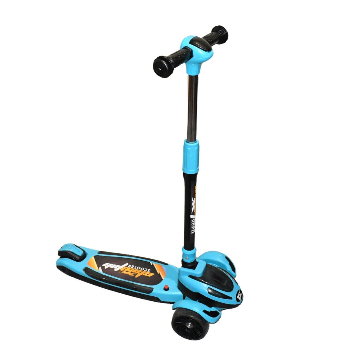 Child riding foldable lightweight kick scooter with big wheels outdoors