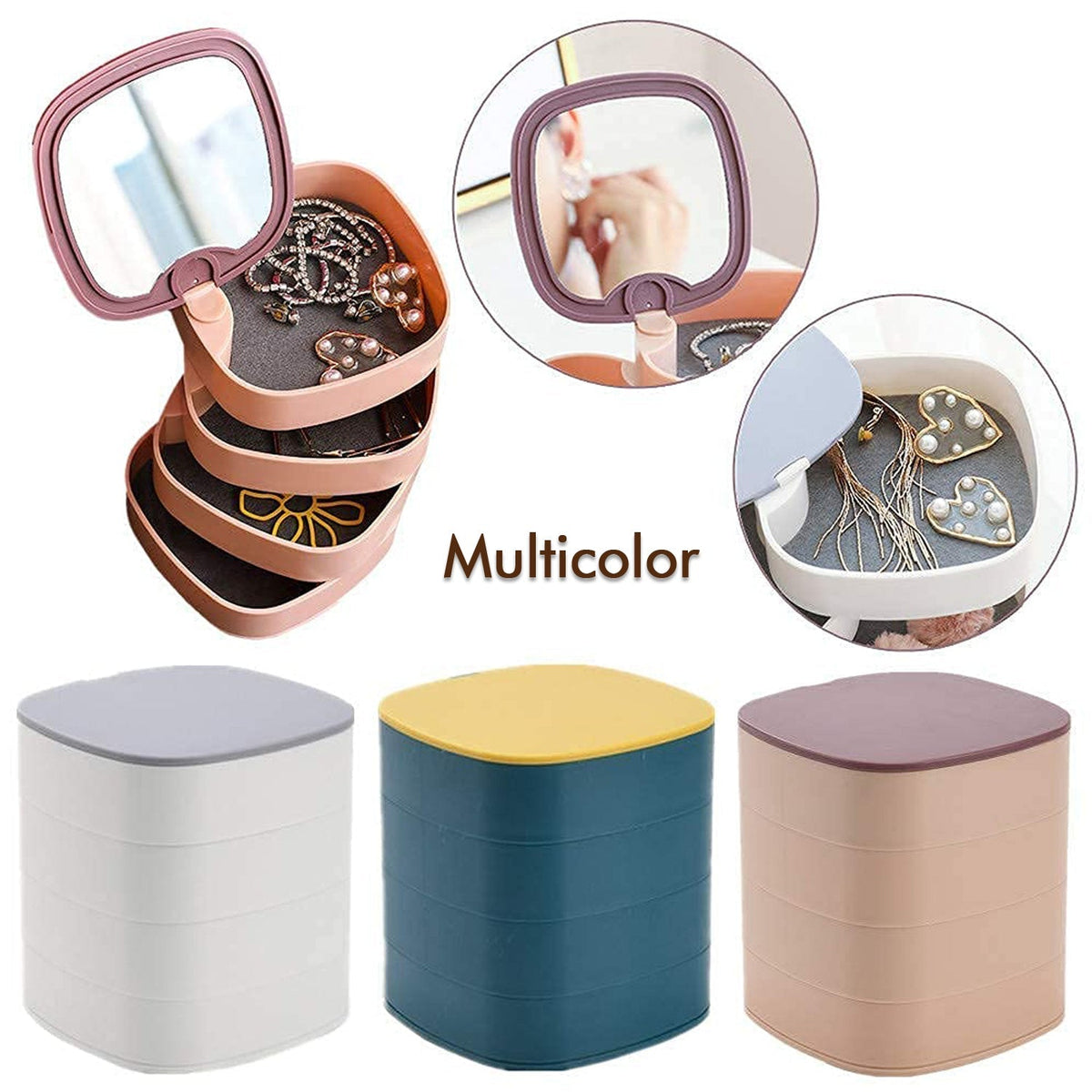 Inside view of 4-layer multicolour jewellery organizer with earring and ring compartments