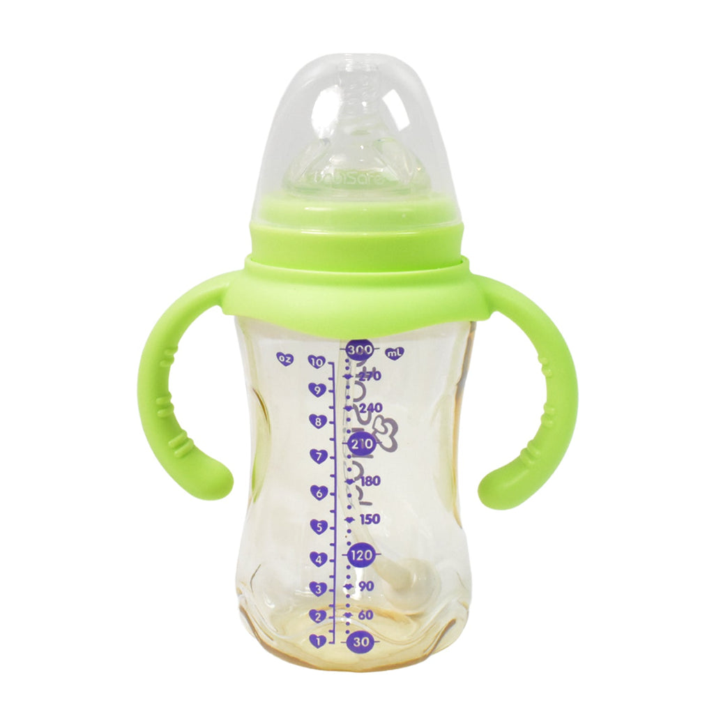 Detailed view of the 300ml Plastic Baby Feeding Bottle, highlighting its leakproof design.