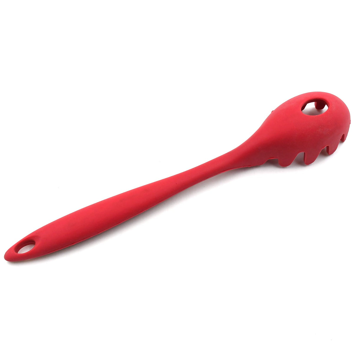 Close-up of the silicone pasta fork's comfortable grip and hanging hole.