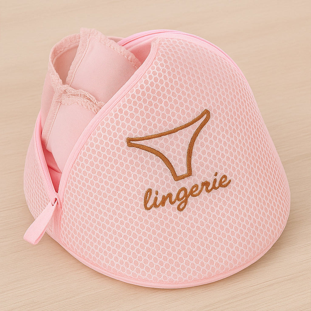Diagram illustrating how the dome-shaped wash bag protects bra cups.