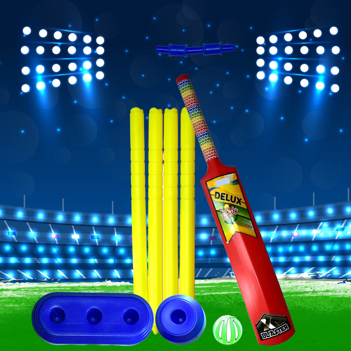 Colorful plastic cricket set with a red bat, white ball, and three yellow stumps on a green background.