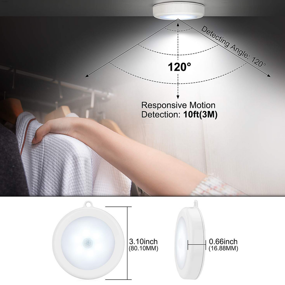 Close-up of the 8 ultra-bright LEDs on the Motion Sensor LED Light, emphasizing its powerful illumination.