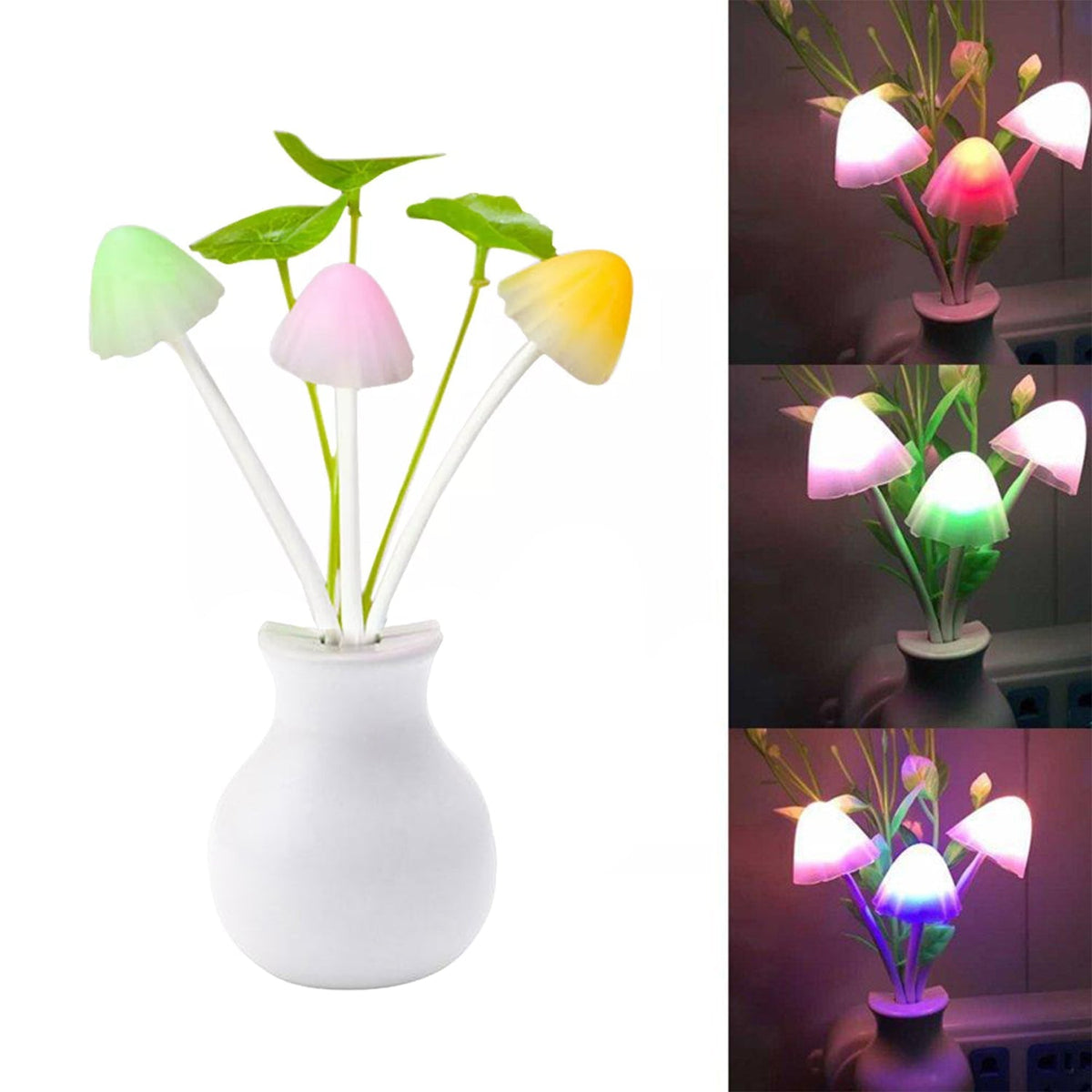 Multicolor LED mushroom night light illuminating a room with a soft glow.
