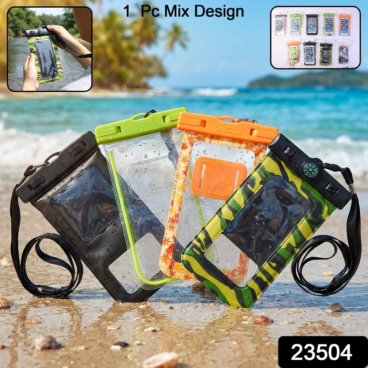 Colorful waterproof mobile pouch with lanyard and compass