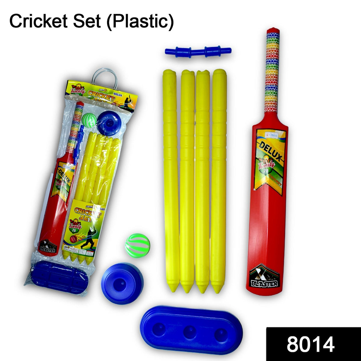 Close-up of the plastic cricket bat, ball, and stumps, showing vibrant red and yellow colors.