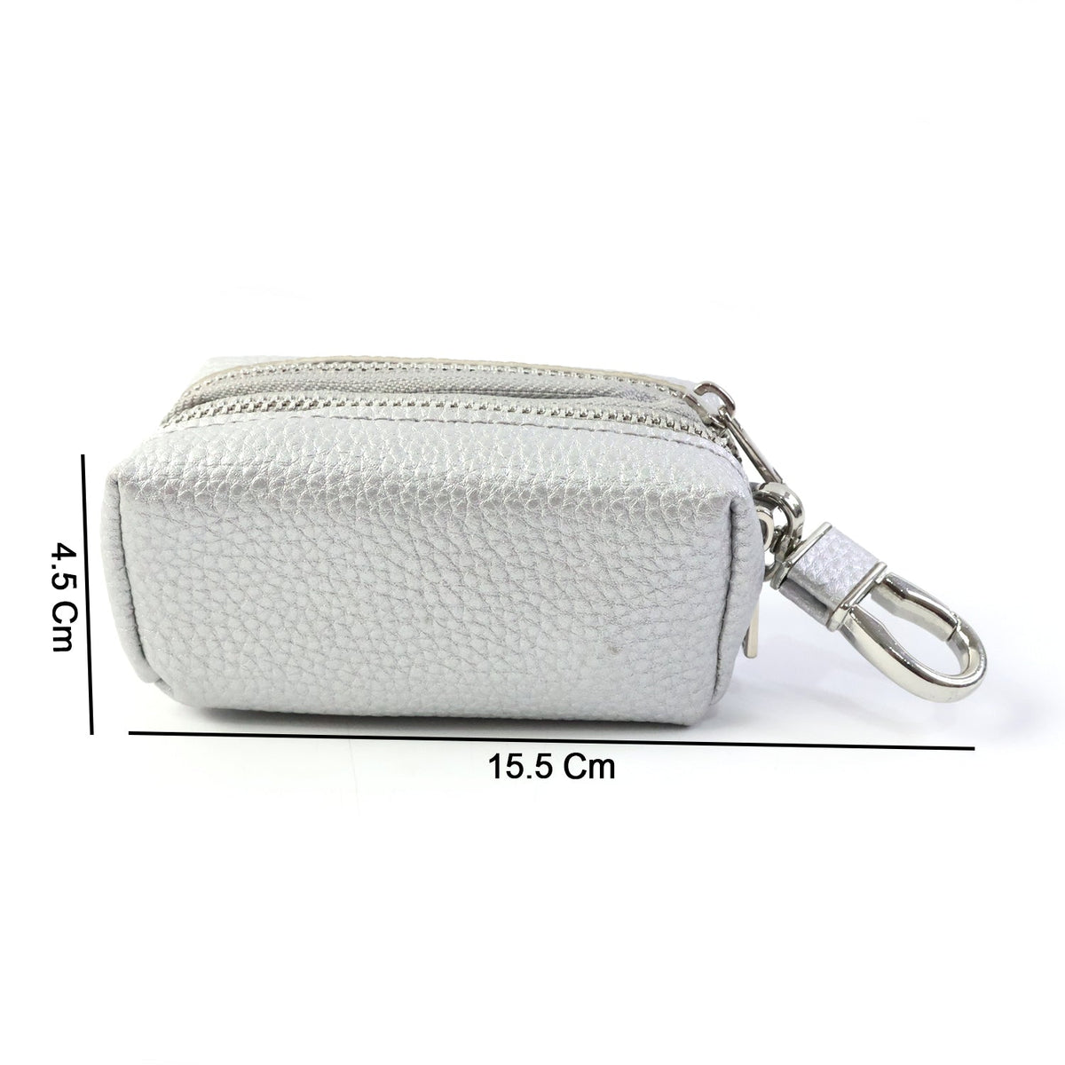 Compact key pouch showing textured exterior and zipper