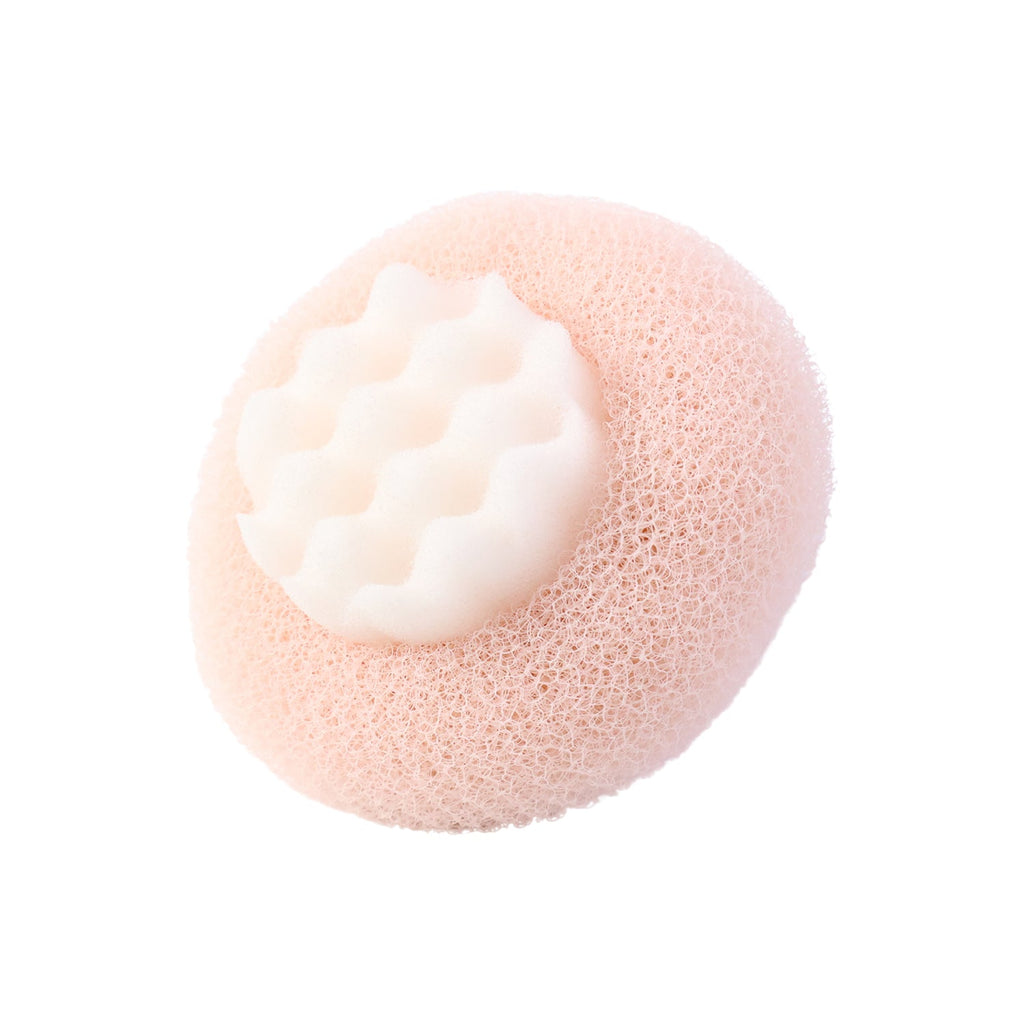 Bath scrub showing ergonomic foam grip and soft exfoliating mesh