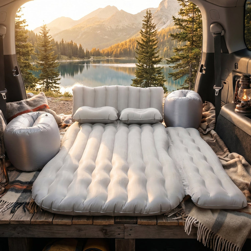 Inflatable car air mattress ready for camping or travel