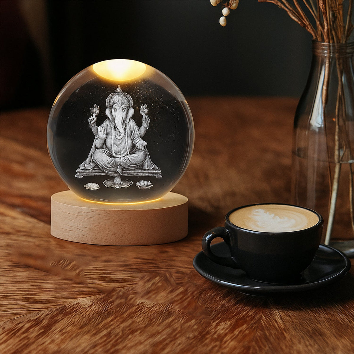 3D Crystal Ball Lamp with a vibrant solar system design on a wooden base.