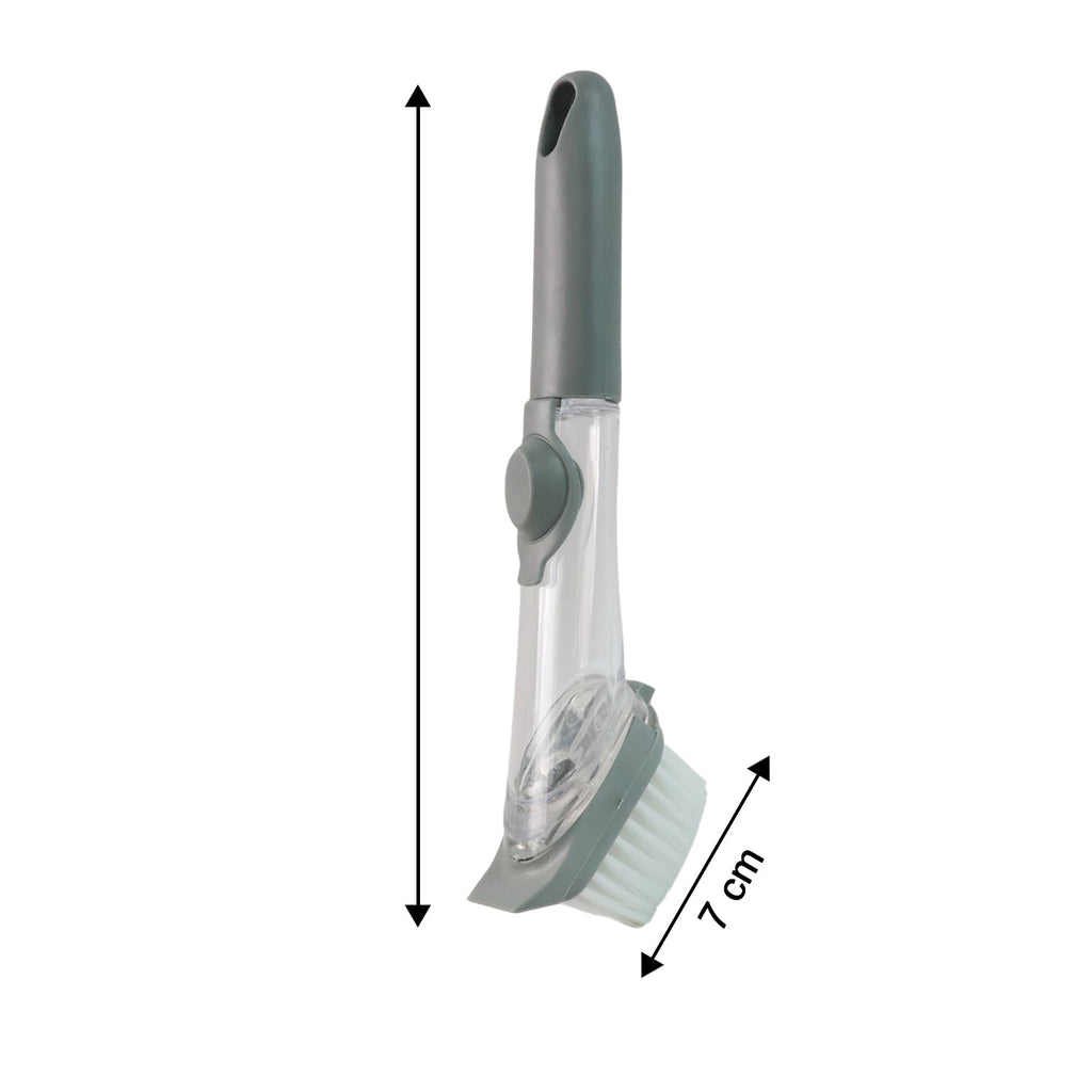 Soap-dispensing dish brush showing its dimensions for easy reference