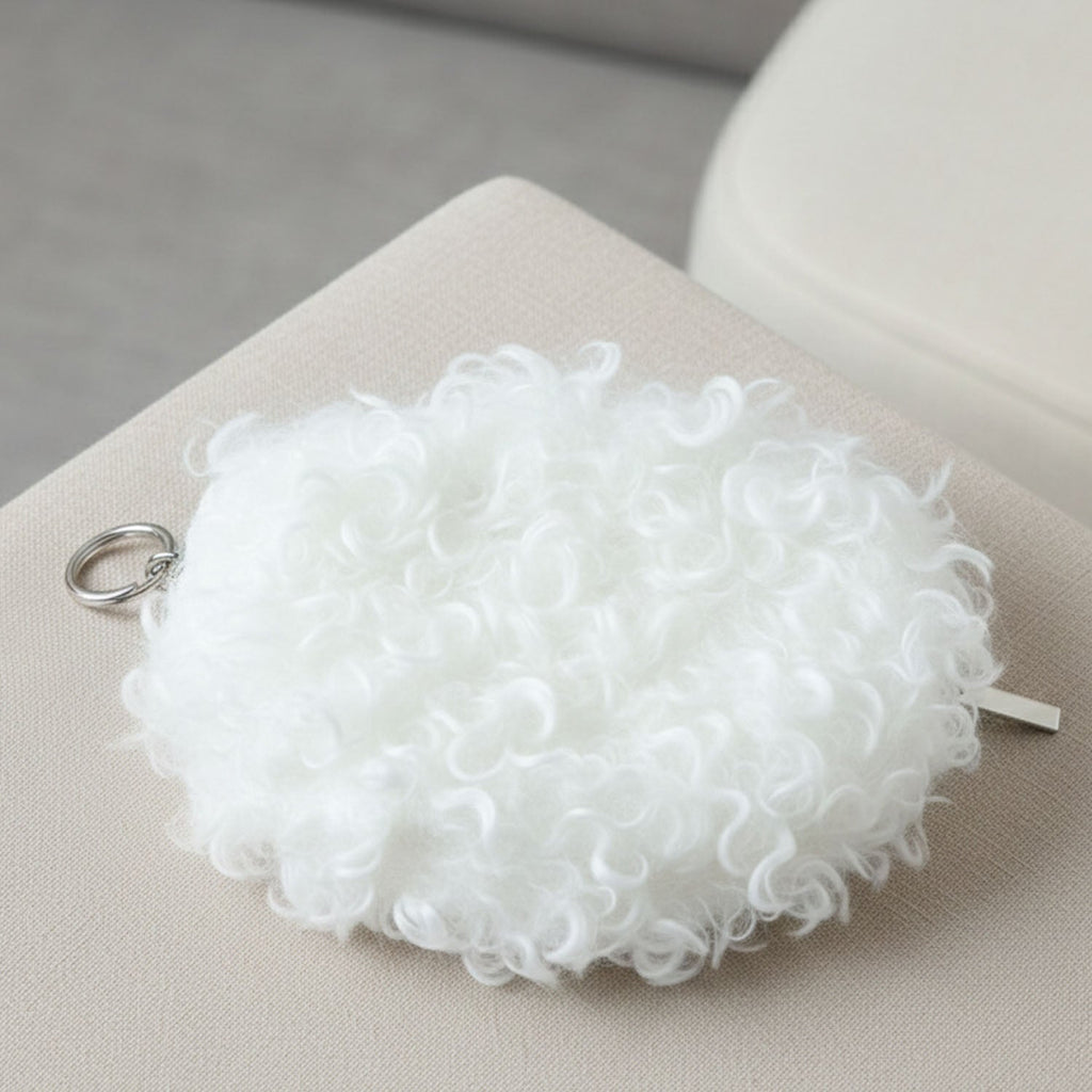 Close detail of soft fuzzy purse material and zipper