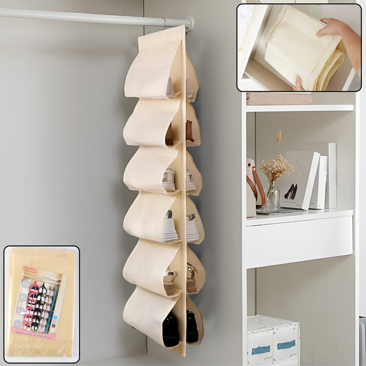 12-pocket hanging shoe organizer bag in bright mixed colors