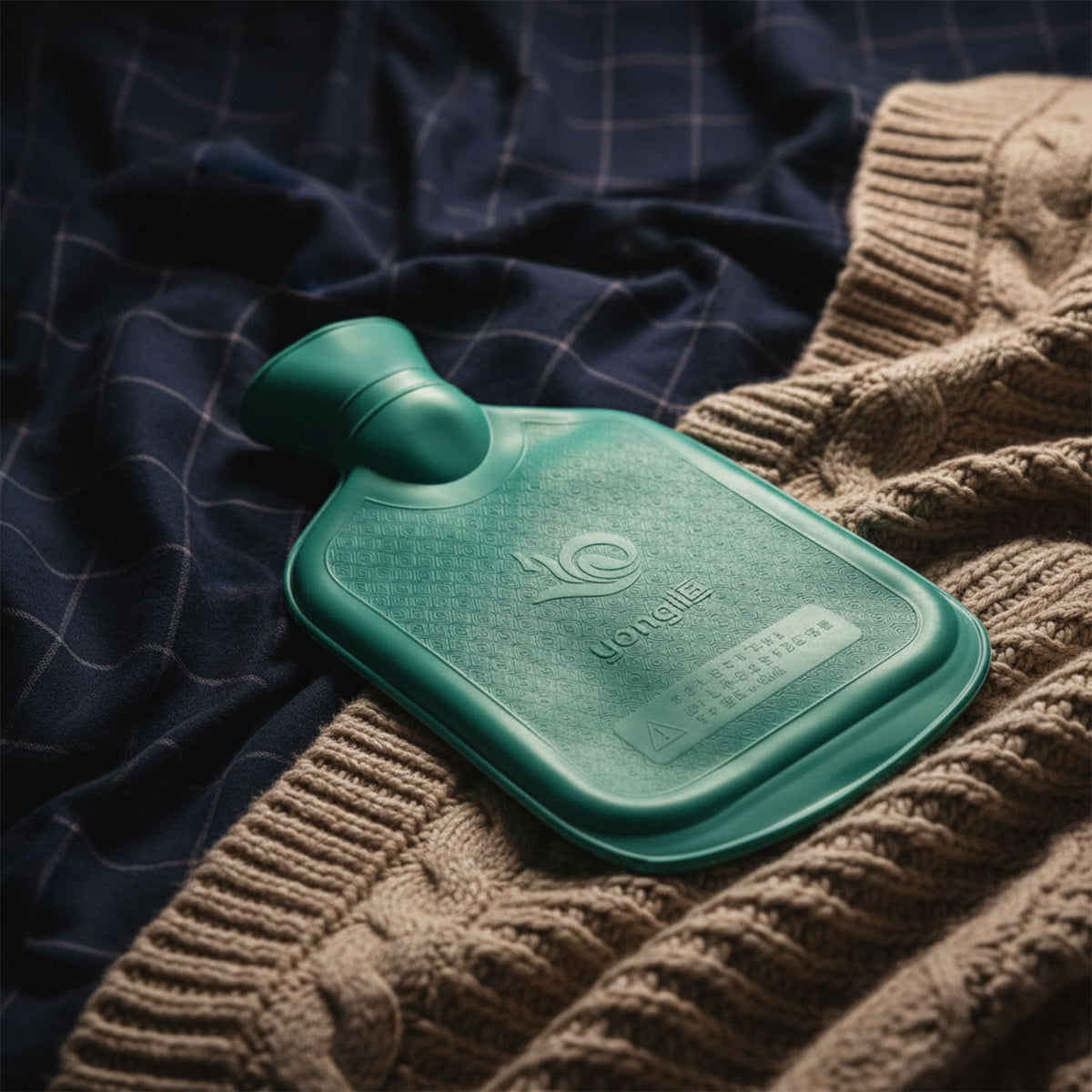 Detailed close-up view of the hot water bottle's stopper and textured surface