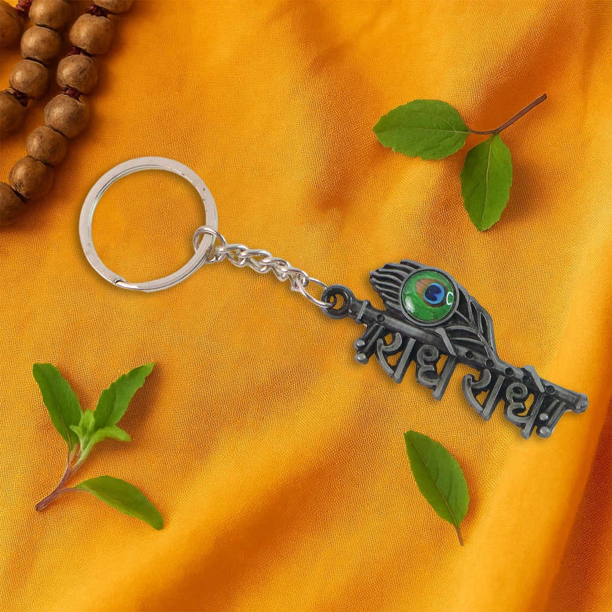 Side angle of Krishna metal keychain emphasizing craftsmanship and design.