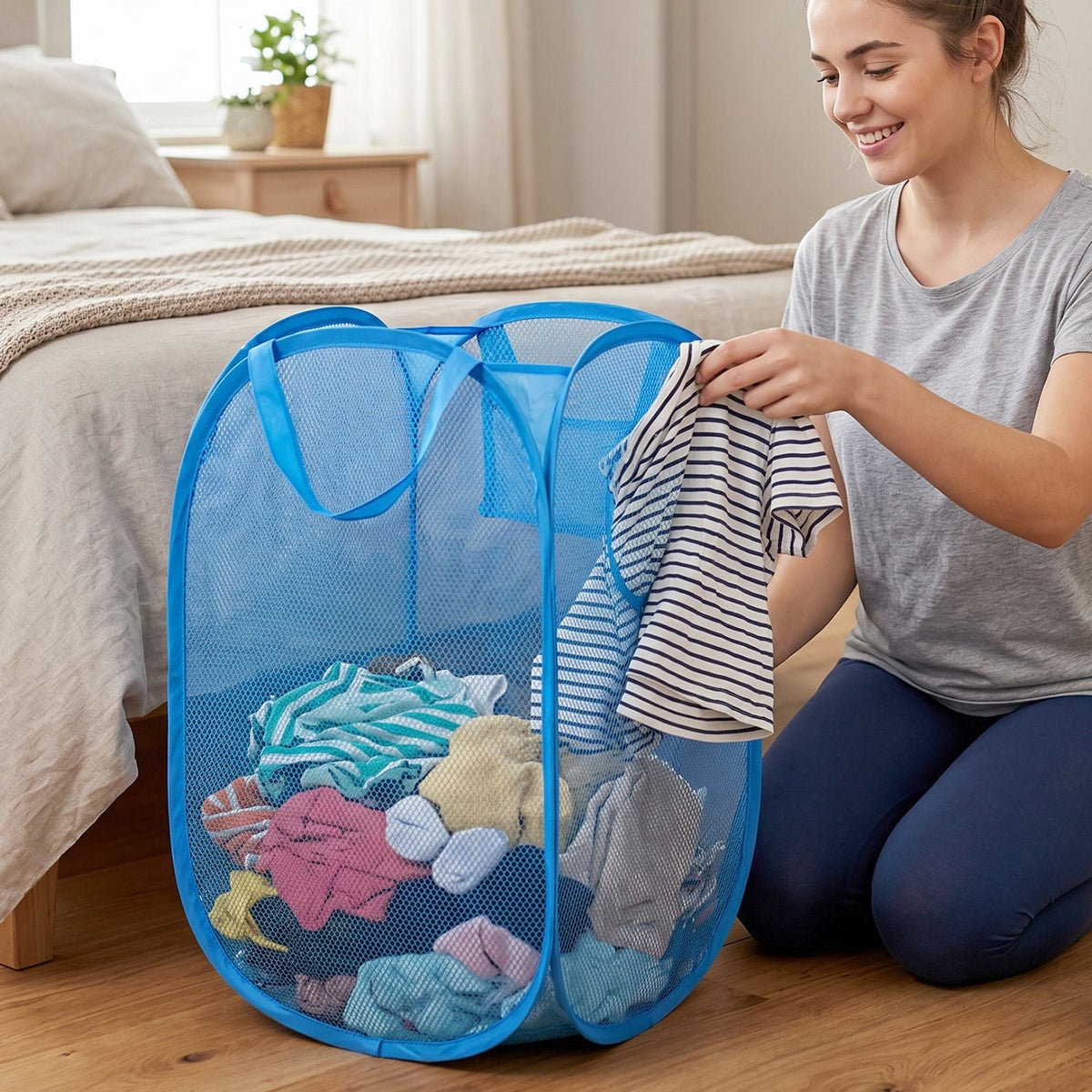 Breathable mesh laundry organizer bag with handles