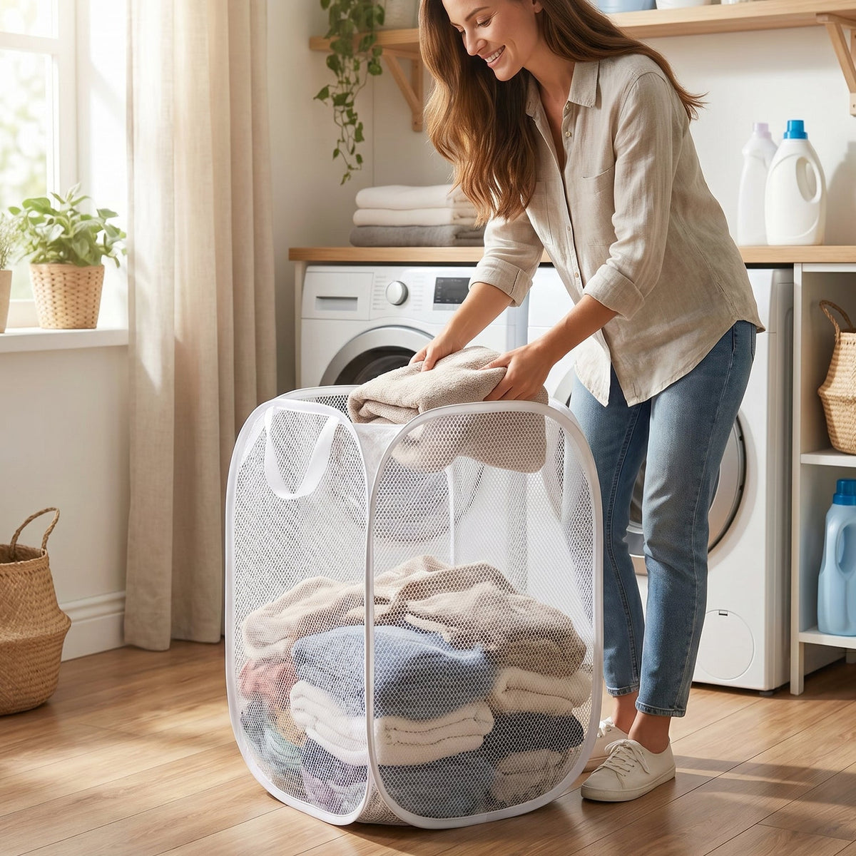 Durable and collapsible mesh clothes storage bag