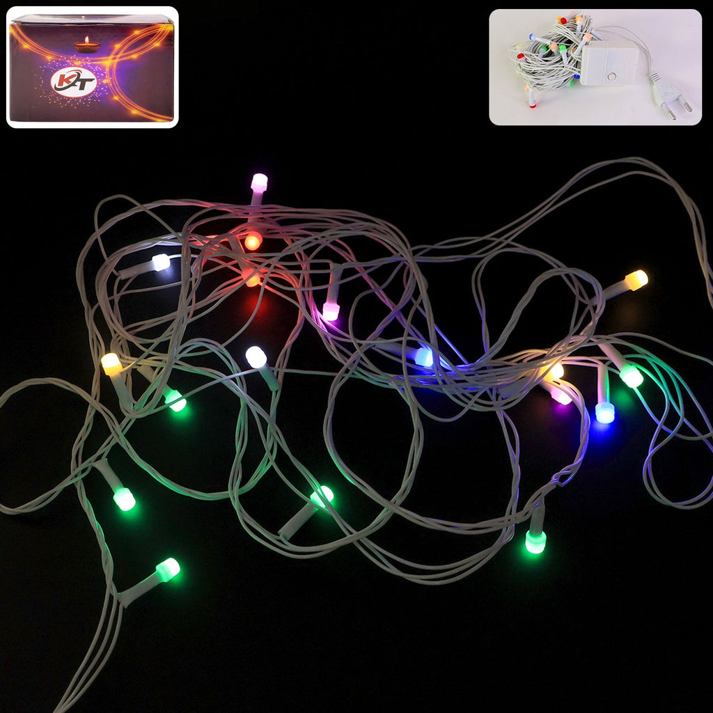 8 meter multi-color LED string light with white wire hanging on wall