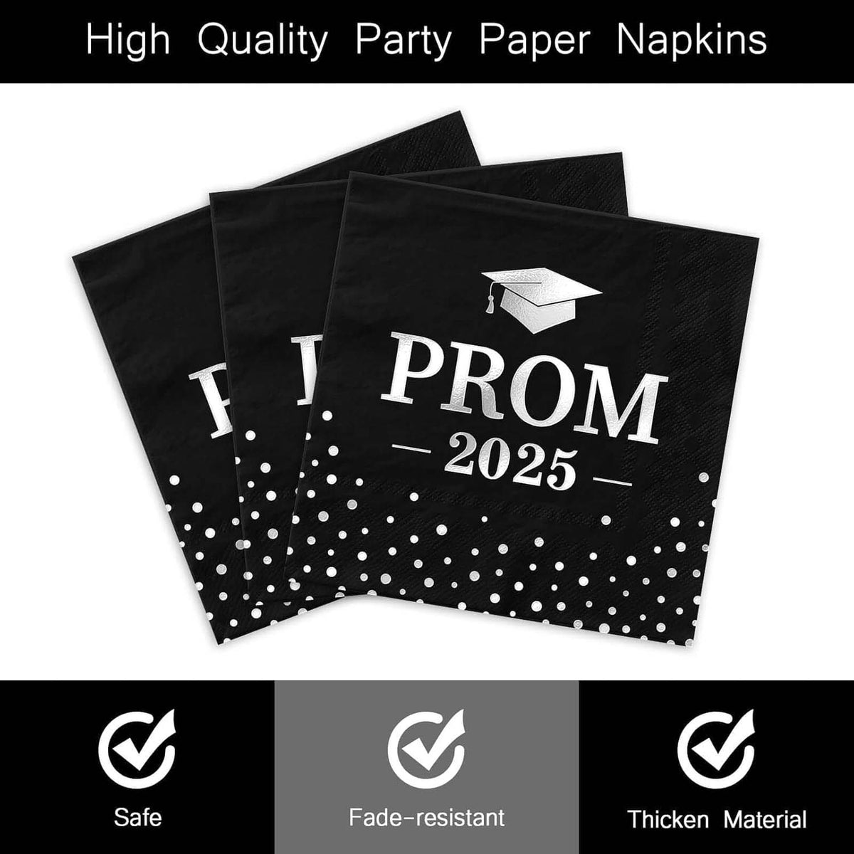 Stylish black and white Prom 2025 disposable napkins on table