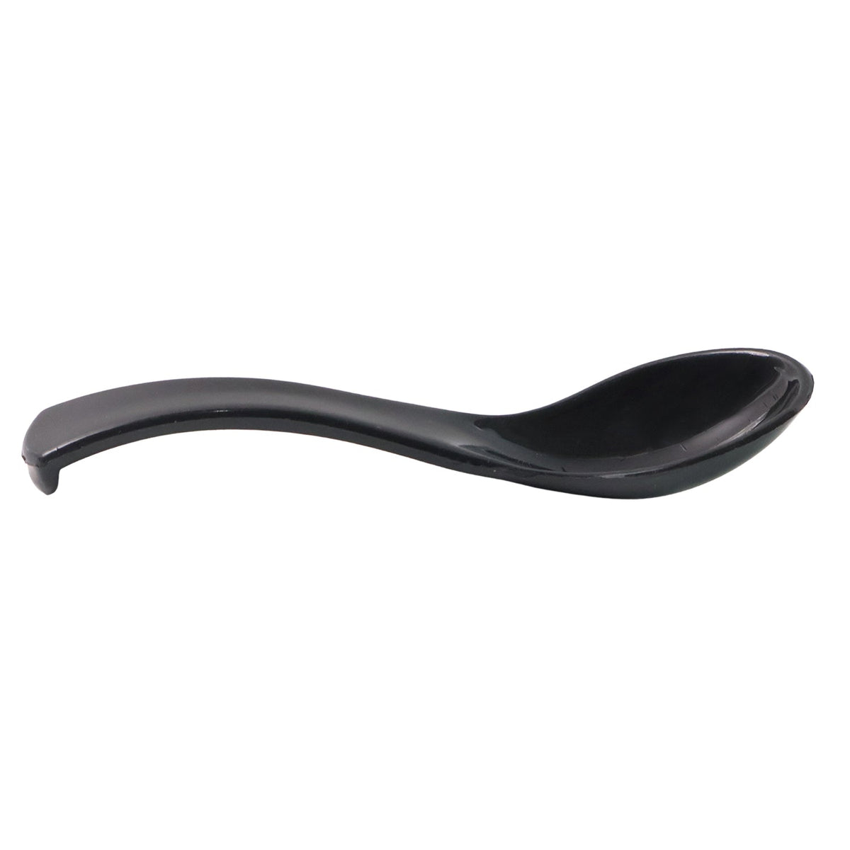 Black plastic soup spoon isolated on white background showing deep bowl