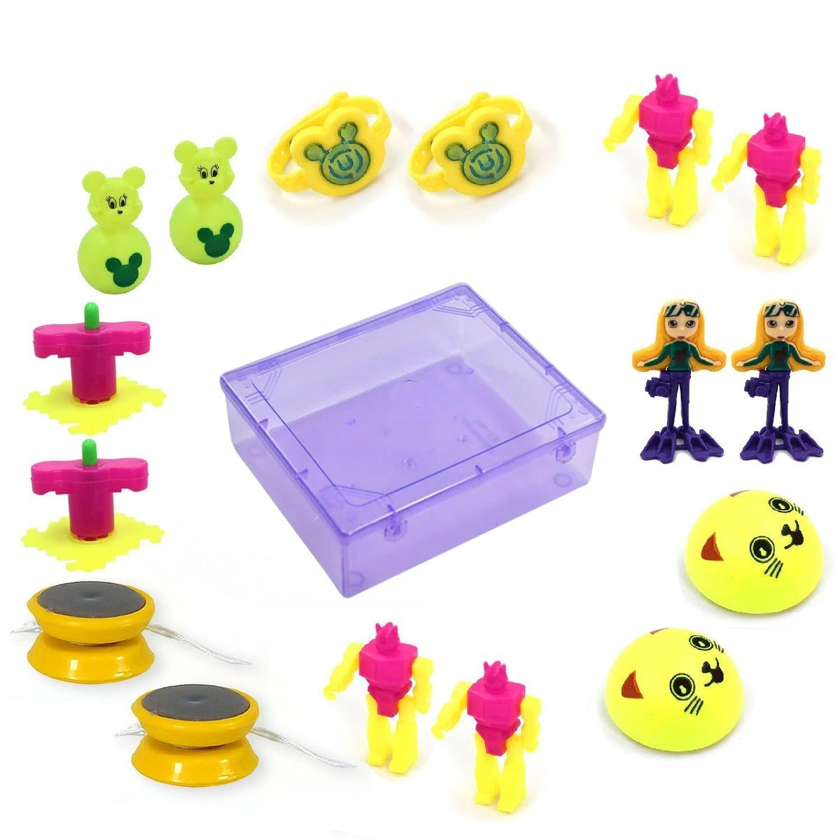 Brightly colored friction powered toy vehicles promoting active play.