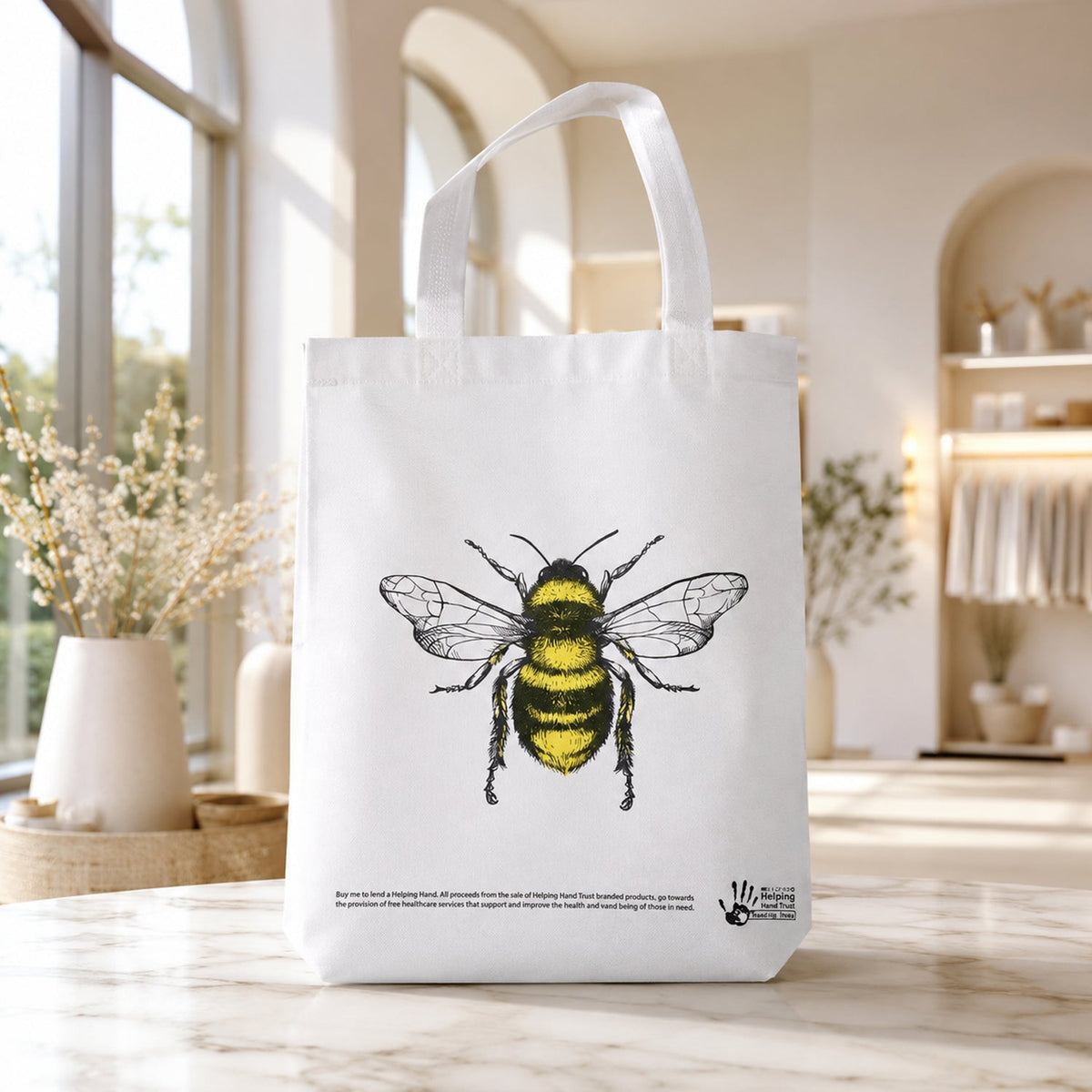 Store display of eco-friendly bee print tote bags
