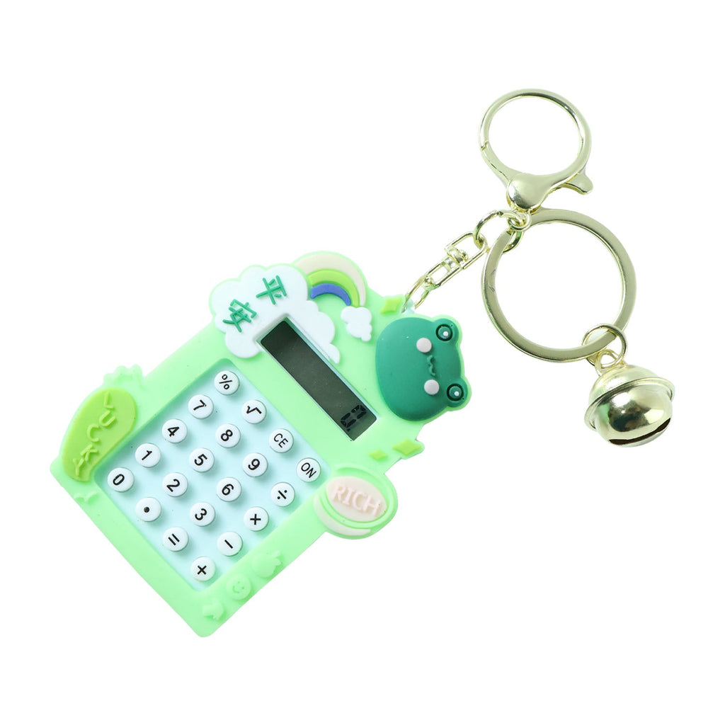 Mini calculator keychain with frog design, bell charm, and sturdy metal ring