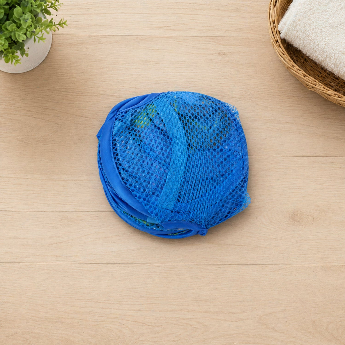 lightweight blue fabric mesh laundry hamper